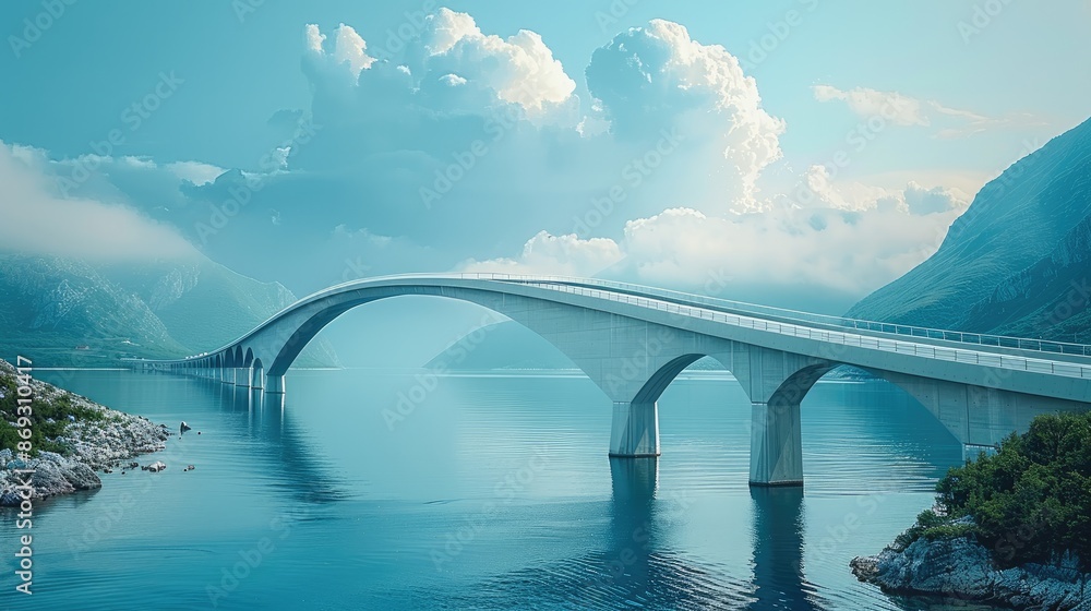 Poster A beautiful large automobile bridge that goes in an arc and passes through the bay. Generative AI.