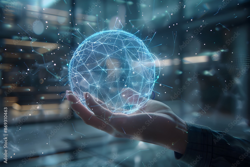 Poster hand holding a digital mesh sphere in a data connection concept. a close up view of a hand with a ho
