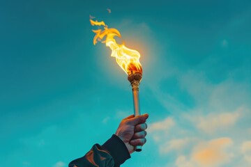 A person holding a burning torch, ideal for use in scenes of adventure, mystery or fantasy