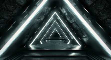 Obraz premium The 3D rendering of a futuristic triangle spaceship corridor. An interior background for a business or sci-fi science idea.