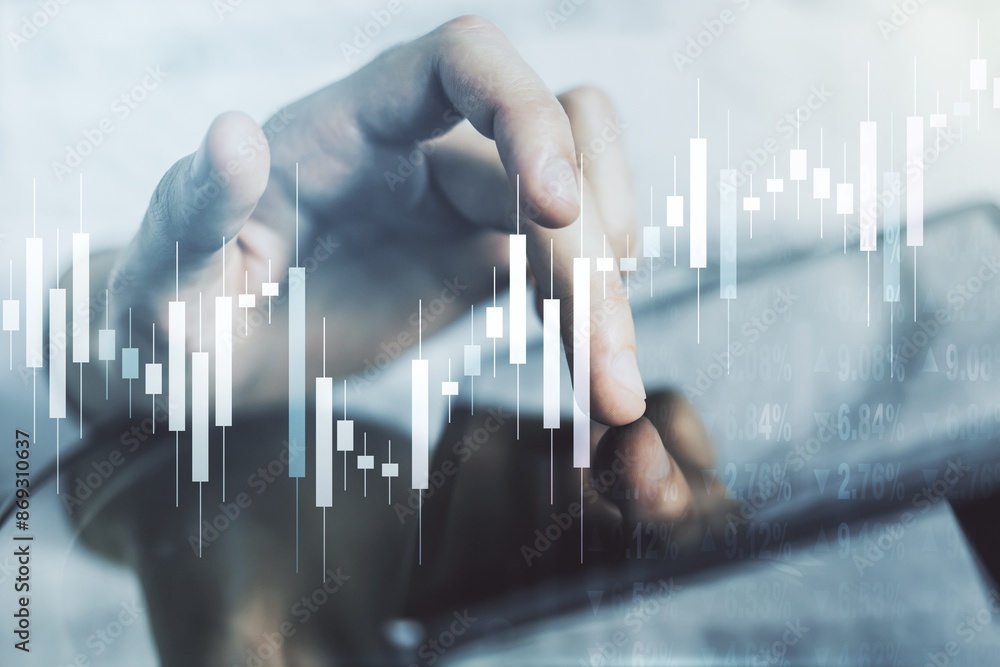 Poster abstract creative financial graph with finger clicks on a digital tablet on background, financial an