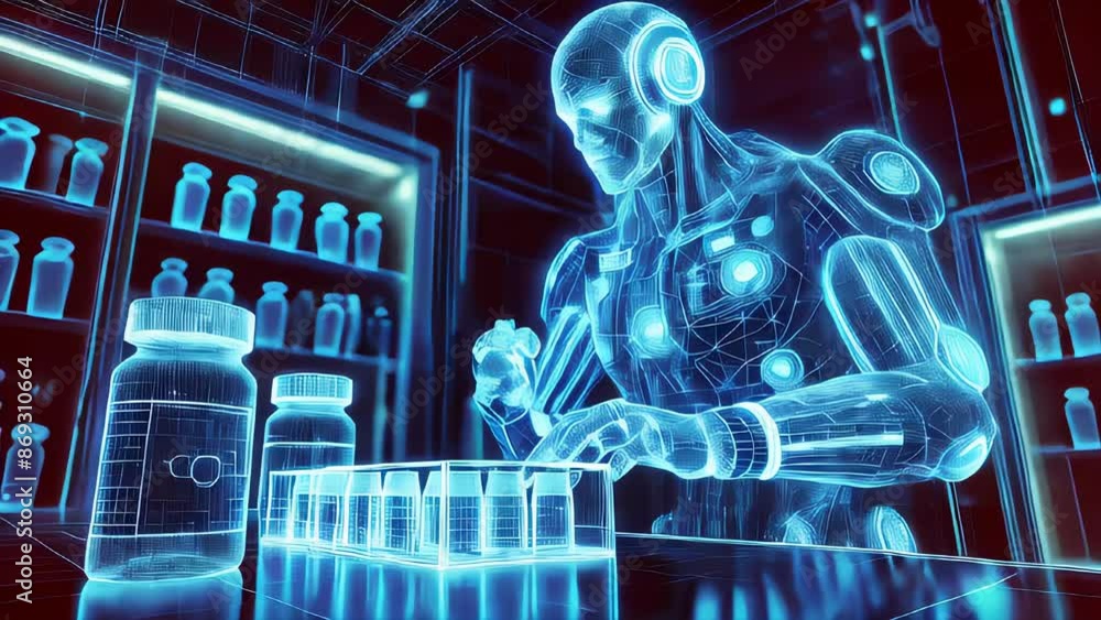 Poster 3d wireframe robot in neon blue with futuristic design highlighting mechanical features, prepearing 