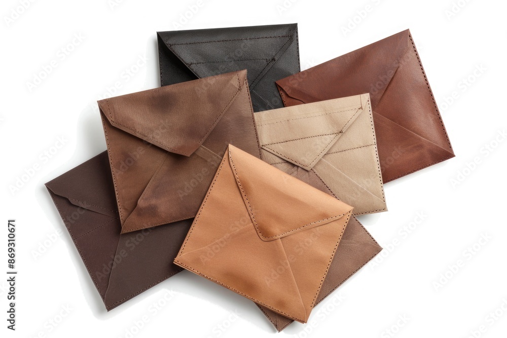 Poster a collection of leather envelopes stacked on top of each other, ideal for use in office or business 