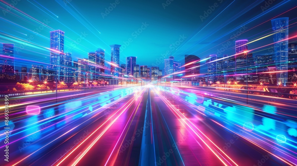 Poster this 3d abstract background image features glowing neon fast speed lights, an empty space scene, ref