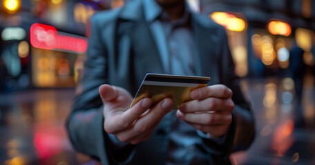 Man hand holding credit card, Businessman or entrepreneur Online shopping, e-commerce, internet banking, spending money.