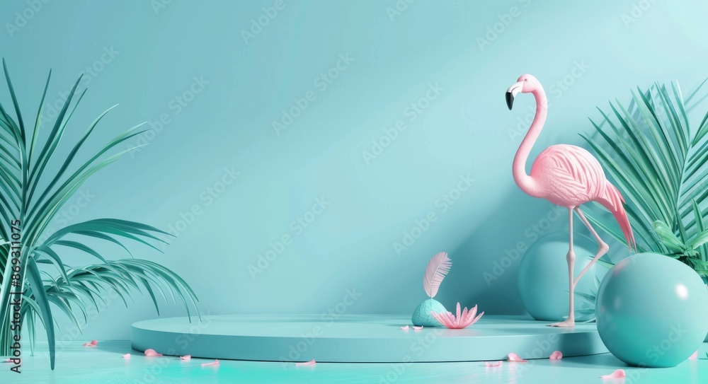 Aufkleber this is a 3d render, a minimal podium display for showing a summer element of pink flamingo inflatab