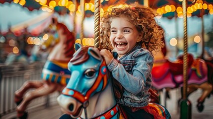 exuberant little girl laughing joyfully on colorful carousel at a funfair