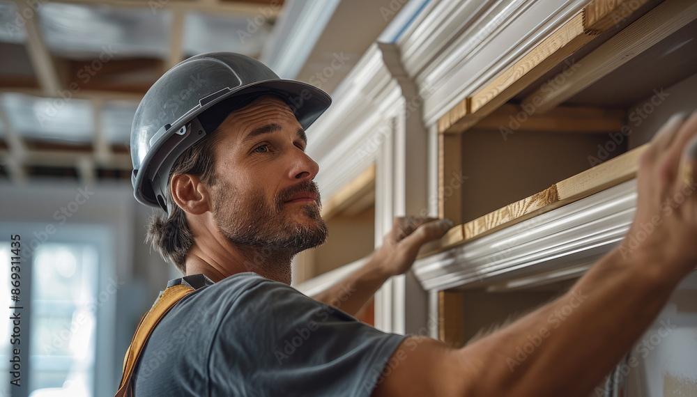 Aufkleber A Carpenter installing wooden coving around a bookcase. Generative AI.
