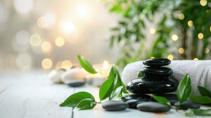 Spa Treatment Stones with Green Leaves and Towel