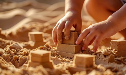close up of hands building sandcastles on beach intricate details and textures in warm sunlight capturing children's creativity using natural materials like fine brown particles stones