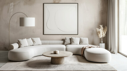Modern living room with empty frame, curved sofa, round cushions, coffee table, floor lamp, neutral colors, abundant natural light, warm ambiance.