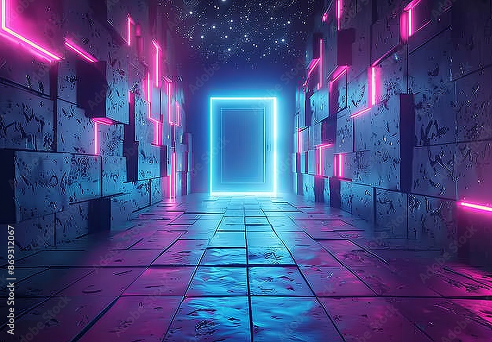 Aufkleber an abstract neon background with a glowing rectangular frame in cyberspace, a fantastic virtual real