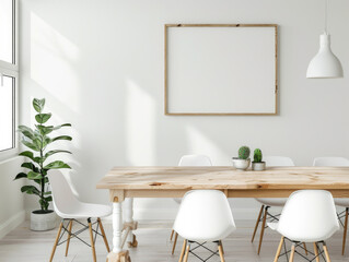 Minimalist dining area with wooden table, white chairs, blank frame on wall, light interior, soft natural light, cozy space.