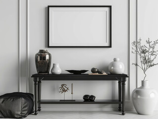 Minimalist living room with black console table, decorative vases, sculptures, blank picture frame, monochrome palette, elegant, sophisticated atmosphere