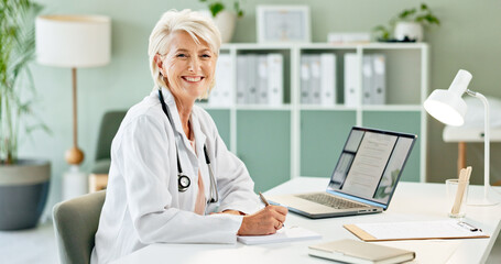 Doctor, woman and writing prescription in portrait for healthcare, drugs or medical info at...