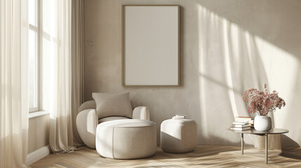 Empty frame on wall in minimalist living room with cream armchair, ottoman, side table with books, floral arrangement, sunlight through sheer curtains, neutral
