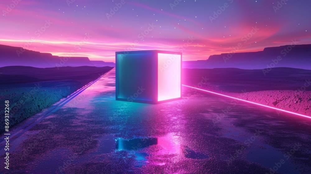 Sticker The scene is a surreal landscape of a metallic cube with square neon lights on top of a water surface, surrounded by a fantasy dream background.