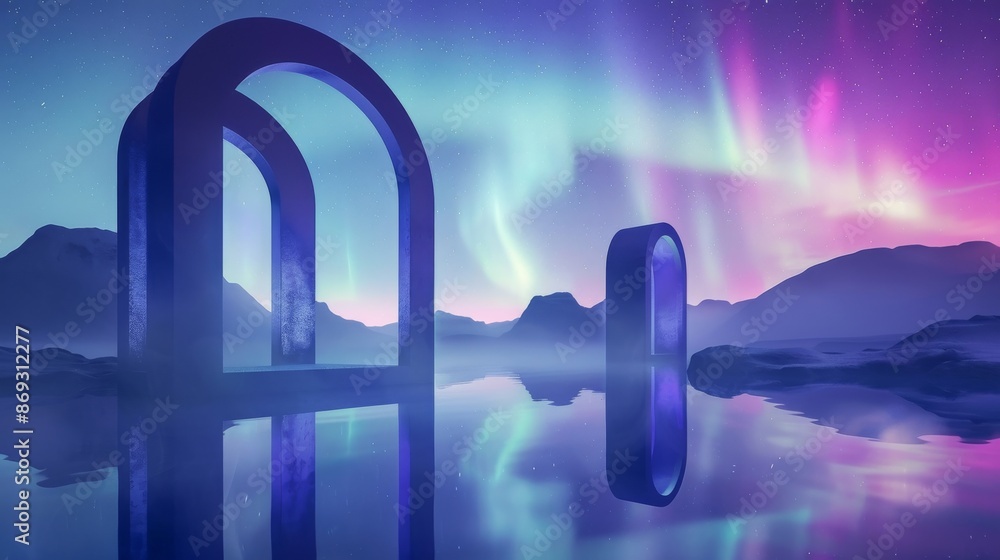 Poster this is a 3d render depicting a surreal landscape metallic arch portal with neon light directly on t
