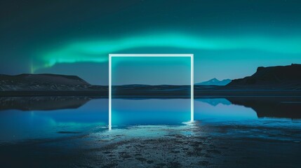 Fototapeta premium A 3D rendering of a surreal landscape dominated by a square blue neon light portal on a water surface. It looks like an abstract fantasy gate against the background of a beautifully dark night sky.