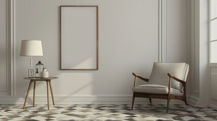 Modern living room interior with empty frame, mid-century chair, geometric floor patterns, warm natural light, minimalist decor, herringbone wooden flooring.