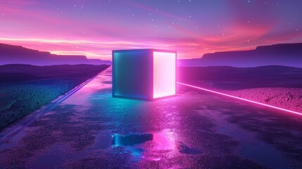The scene is a surreal landscape of a metallic cube with square neon lights on top of a water surface, surrounded by a fantasy dream background.