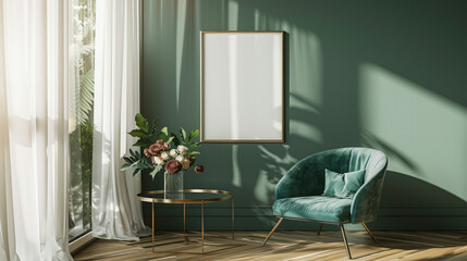 Modern living room with green accent wall, empty frame, glass table, floral arrangement, teal armchair, sheer curtains, herringbone flooring.