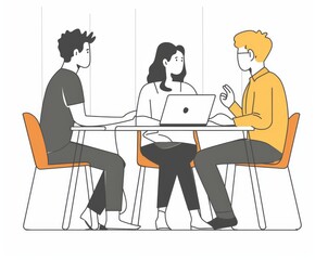 Fototapeta premium Partners meeting at a round table, discussing work, partnerships, with documents and laptop on the desk. Flat modern illustration isolated on white.