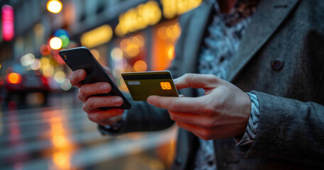 Man holding credit card and using smartphone, businessman shopping online, e-commerce, internet banking, spending money.