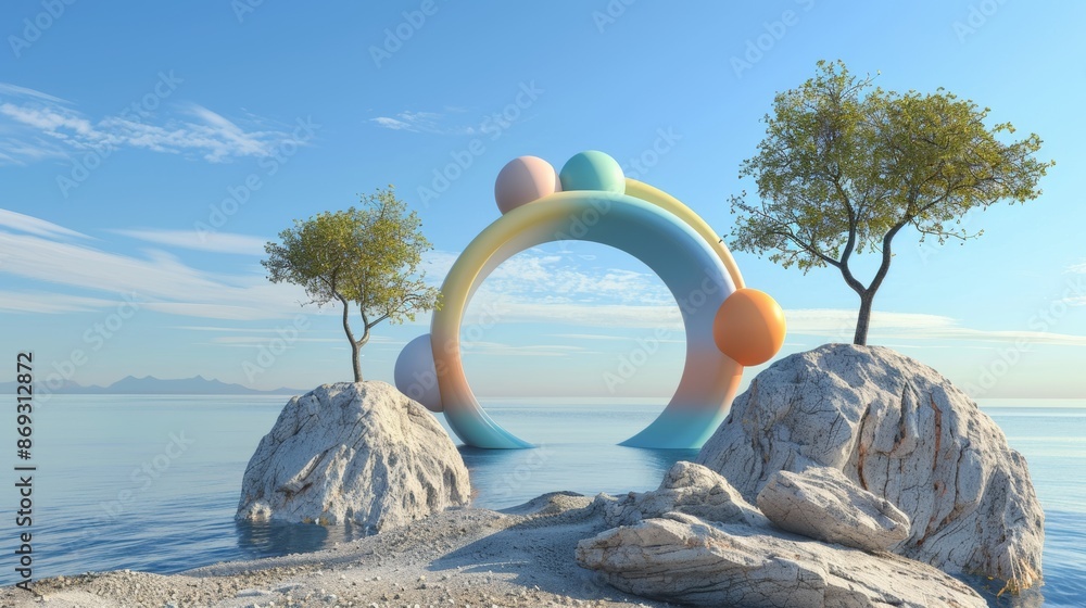 Poster this is a 3d rendering for an abstract surreal arch mirror glass reflection of a mountain with a gol