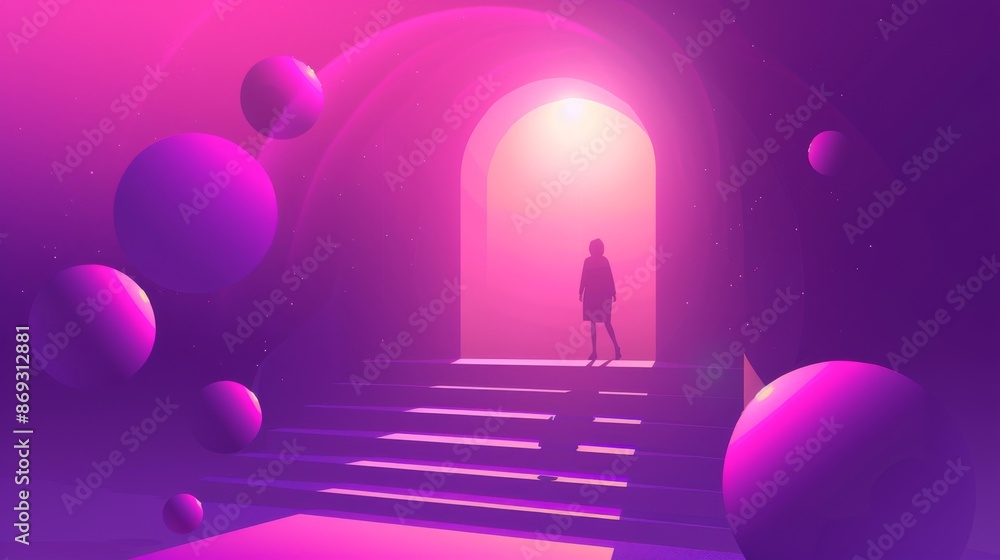 Poster an abstract representation of a human figure in front of a portal to another dimension, a space gate
