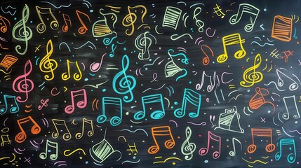 A chalkboard covered in vibrant drawings of musical notes and instruments, symbolizing creative education and a musical theme.