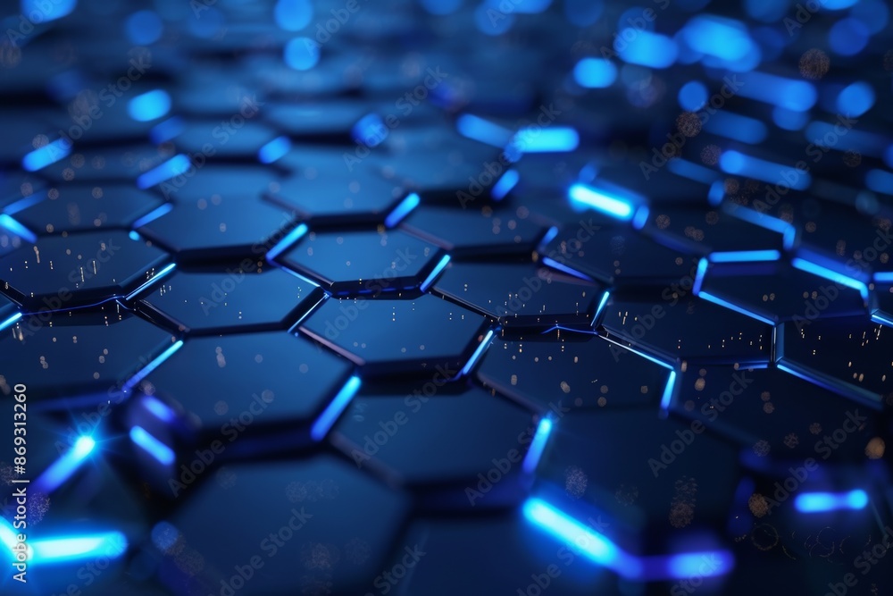 Poster three-dimensional rendering of an abstract blue hexagon pattern with light rays.