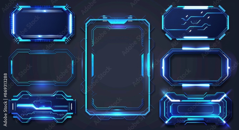 Poster ui screens with futuristic game target borders, sci-fi empty banners for text, modern lock target te
