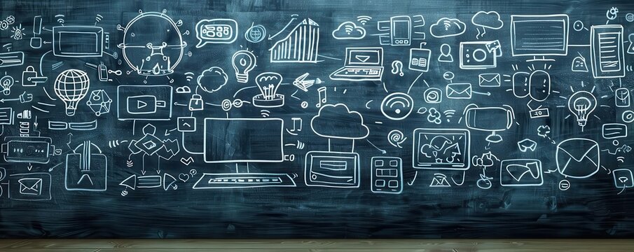 Blackboard filled with hand-drawn doodles of computer and technology icons, tech education, abstract representation