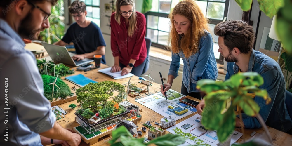 Poster A diverse team of professionals is collaborating on ecofriendly design projects, emphasizing teamwork, environmental sustainability, and innovative solutions in a creative workspace