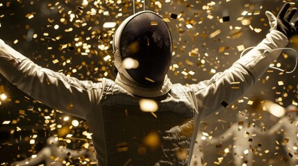 fencer celebrating with arms raised wearing white gear and mask surrounded by golden confetti dark grey background contrast between light and shadow high resolution photography