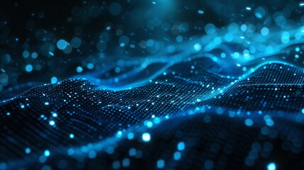 A 3D illustration depicting Blue futuristic abstract digital virtual reality matrix particles grid symmetry environment technology flyer background