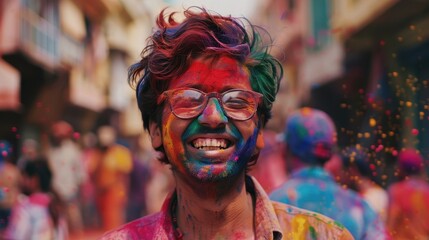 Obraz premium Man smiles during Holi celebration