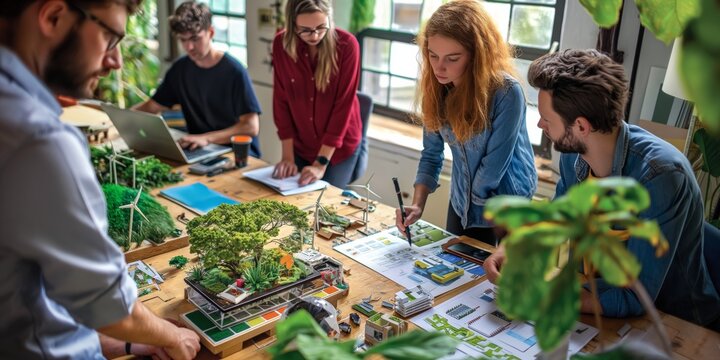 A diverse team of professionals is collaborating on ecofriendly design projects, emphasizing teamwork, environmental sustainability, and innovative solutions in a creative workspace - Powered by Adobe