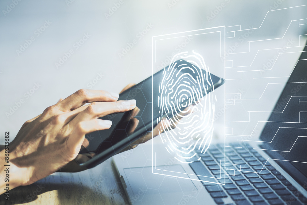Fototapete multi exposure of abstract fingerprint scan interface and hand working with a digital tablet on back
