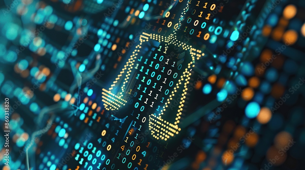 Poster digital justice: scales of justice in binary code