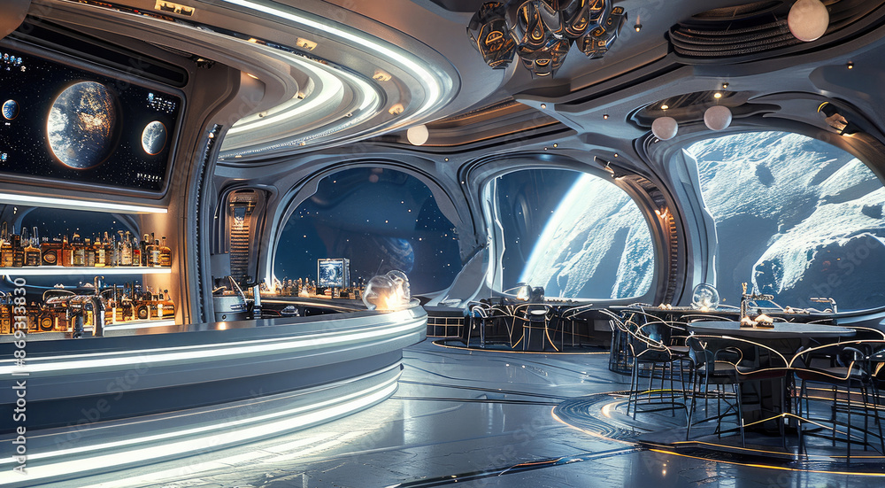 Poster a futuristic bar on a spaceship. generative ai.
