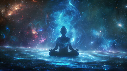 Obraz premium Meditation in a serene, blue, cosmic expanse