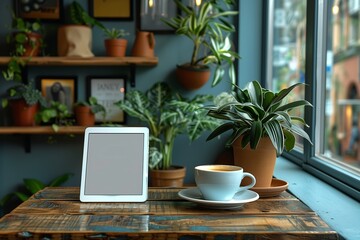 A White Tablet, a Cup of Coffee, and Plants on a Wooden Table in a Cafe