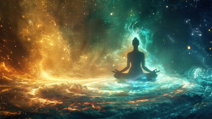 Fototapeta premium Meditative silhouette in vibrant cosmic background art
