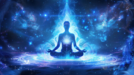 Silhouette in cosmic meditation with vibrant blue aura