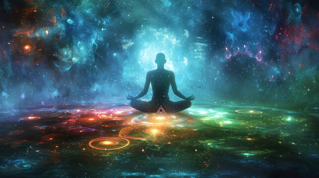 Meditating figure in luminous cosmic expanse of space