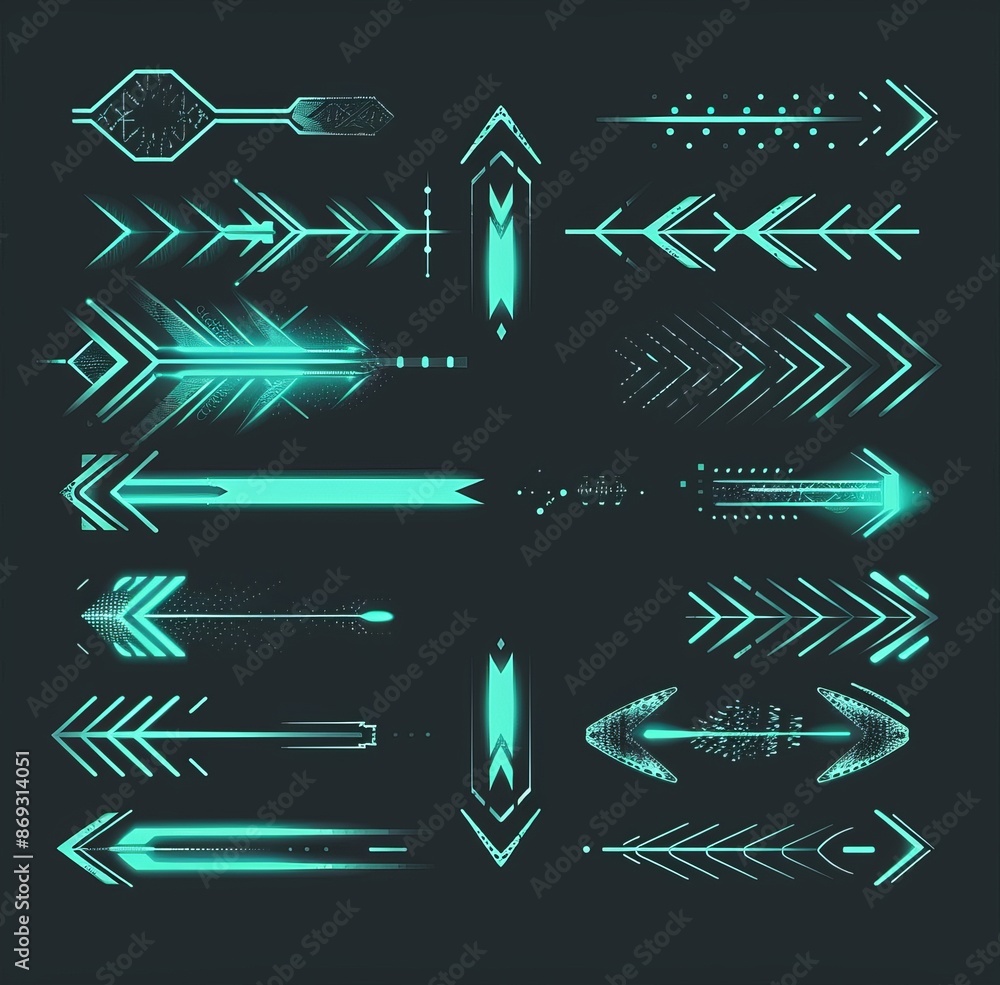 Poster ui elements with futuristic navigation arrows and modern neon glowing buttons for computer games and