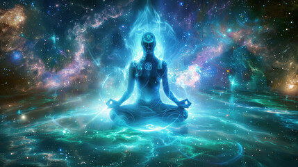 Enlightened silhouette in blue, cosmic surroundings.