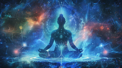 Cosmic silhouette meditating with aligned chakras.